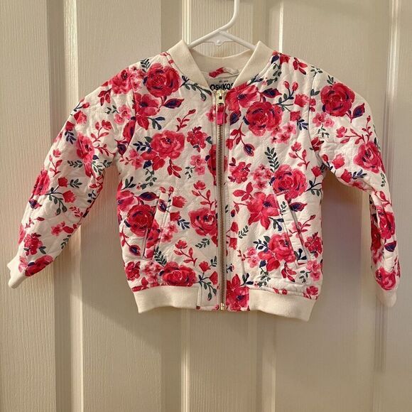 Oshkosh B'gosh Pink Floral Roses Quilted Bomber Jacket Girls Size 4 - Picture 1 of 11